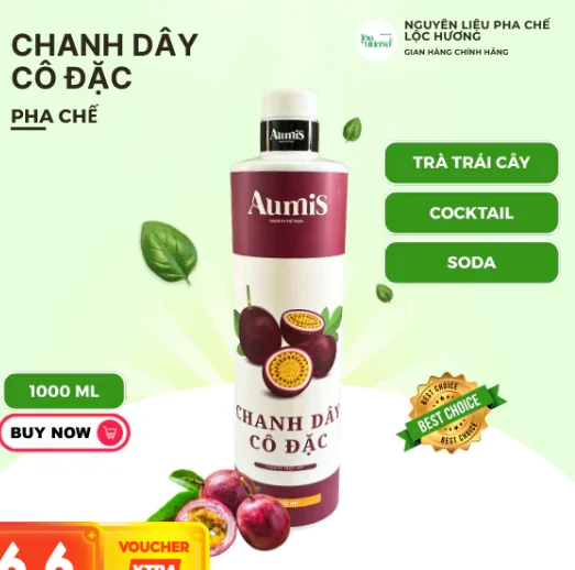 Aumis Combo Chanh Dây Cô Đặc đâm vị, pha trà trái cây, trà sữa, soda, mojito cực thơm ngon, chai 1000ml